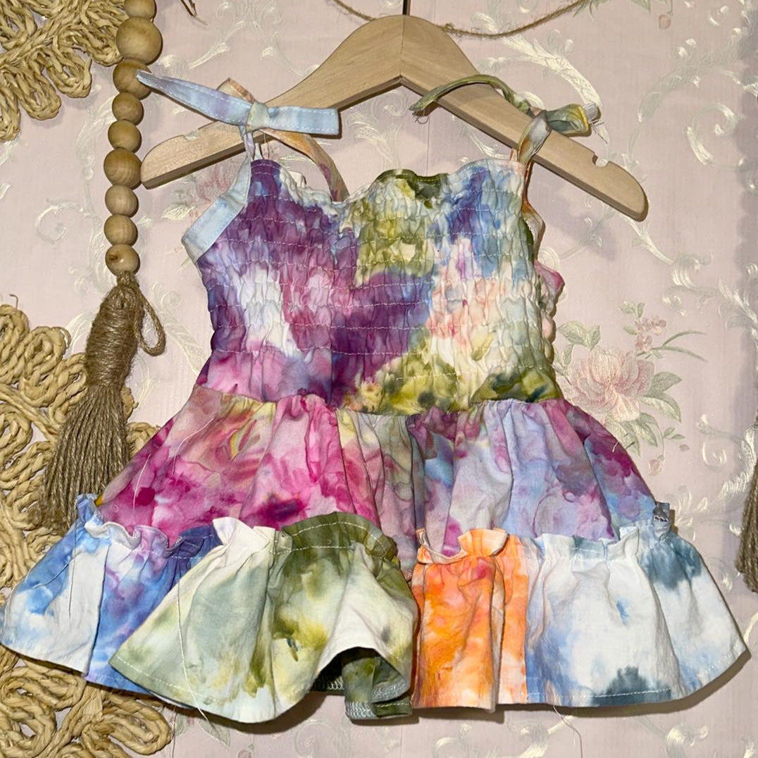 Shirred Baby Sun Dress Floral Ice Dye