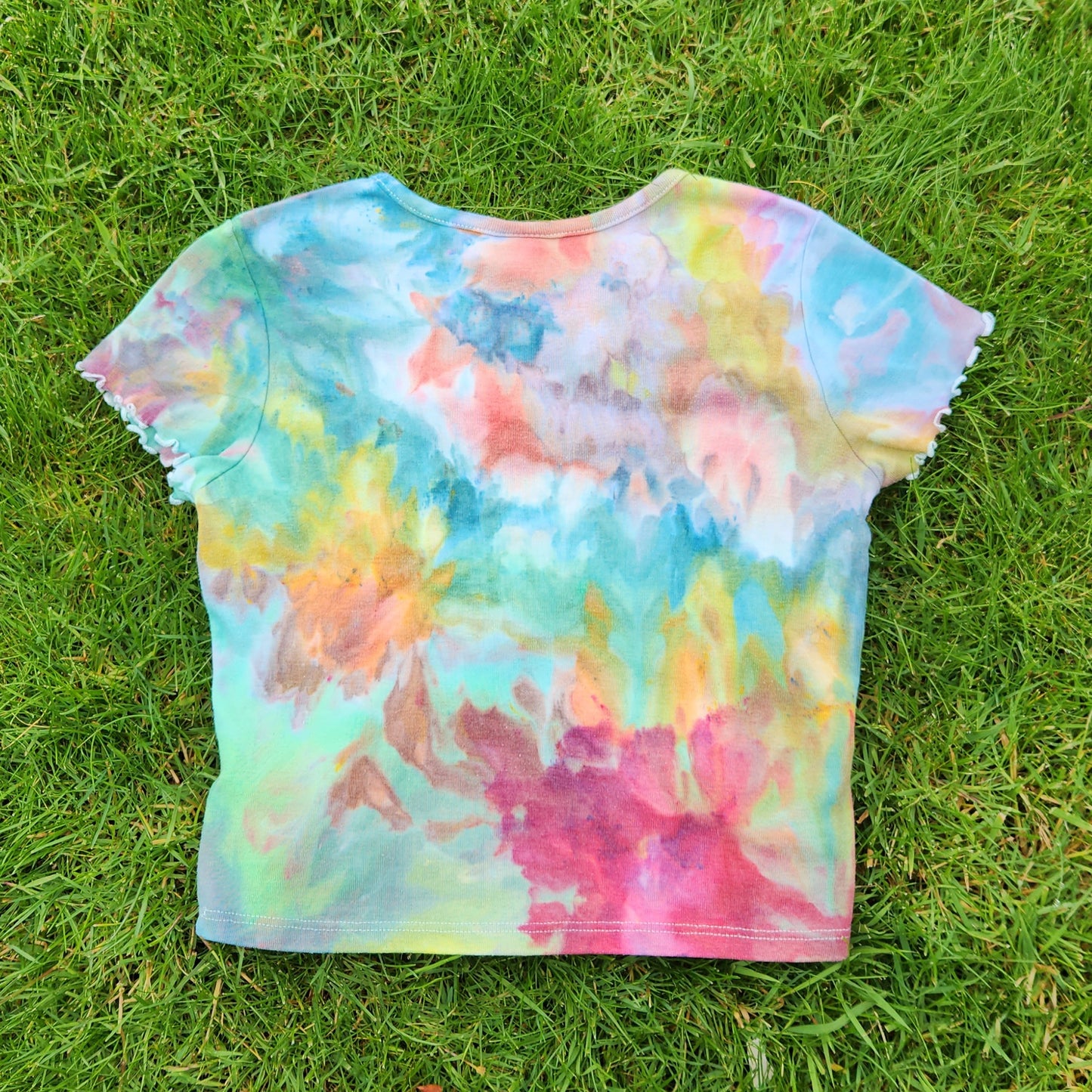 Tee Youth Large Rainbow Ice Dye Ruffle Sleeve Upcycle