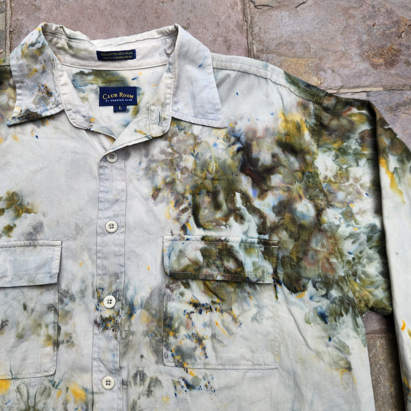 Button Up Shirt Sage Ice Dye Large Upcycle