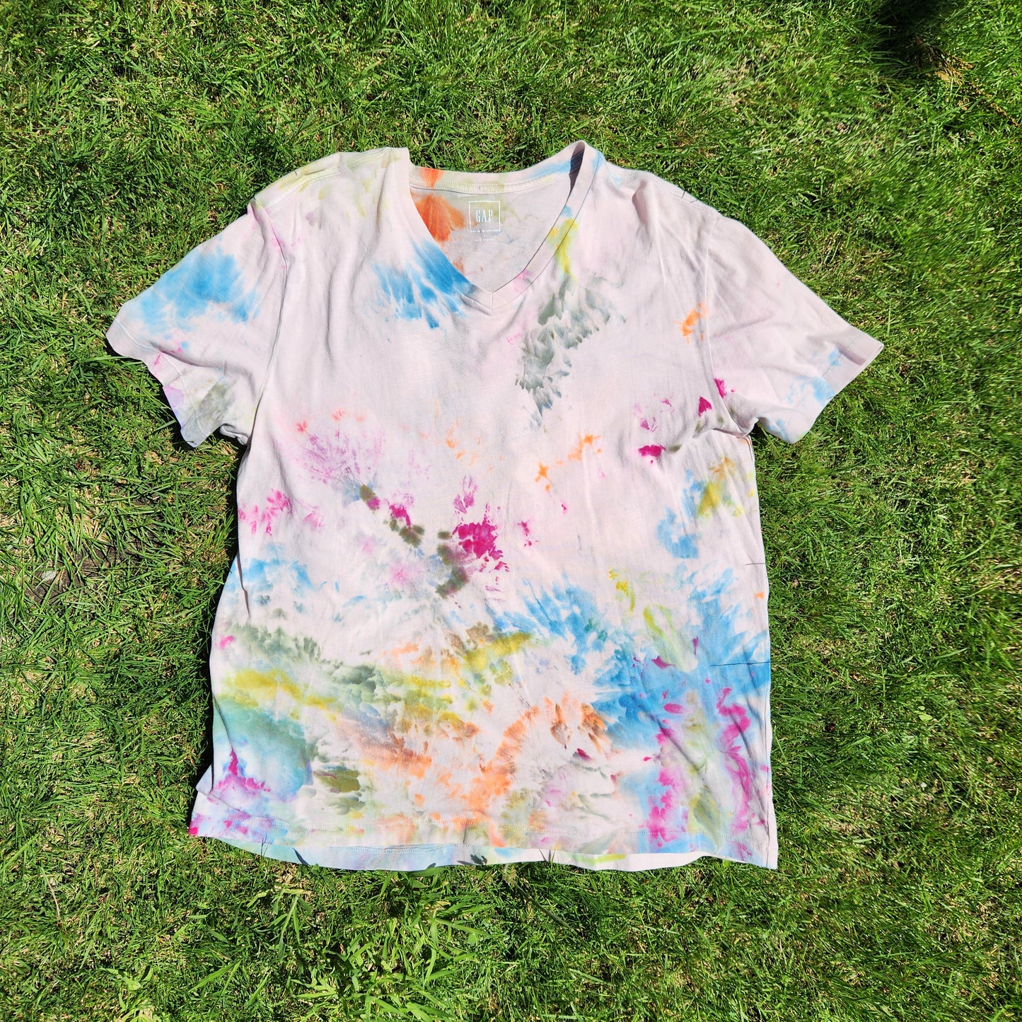 V Neck Tee Pink Ice Dye Upcycle Large