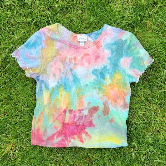 Tee Youth Large Rainbow Ice Dye Ruffle Sleeve Upcycle