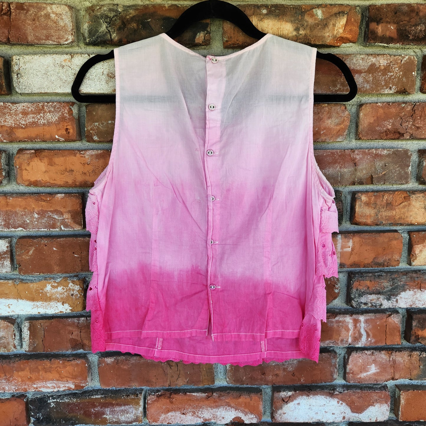 Tank Top Embroidered Ruffle Pink Ombre Small Upcycle