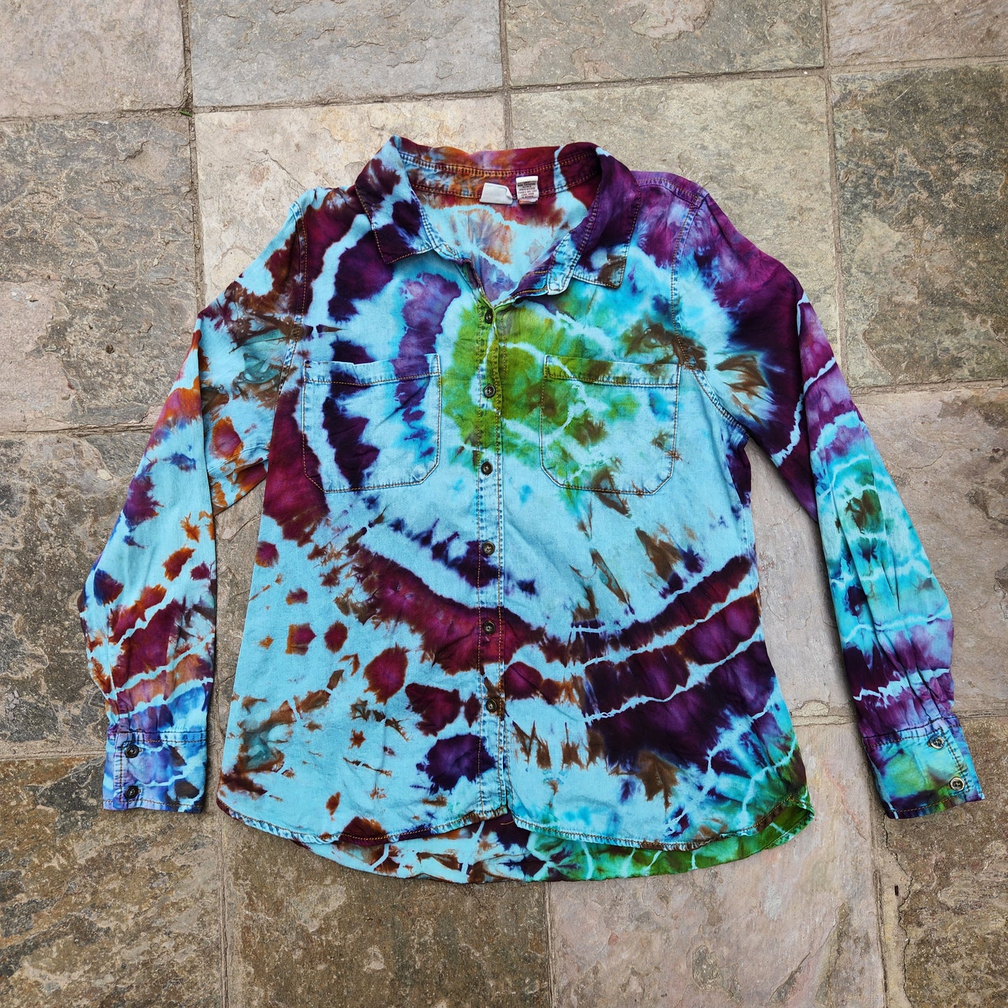 Button Up Shirt Rainbow Geode XL Upcycle