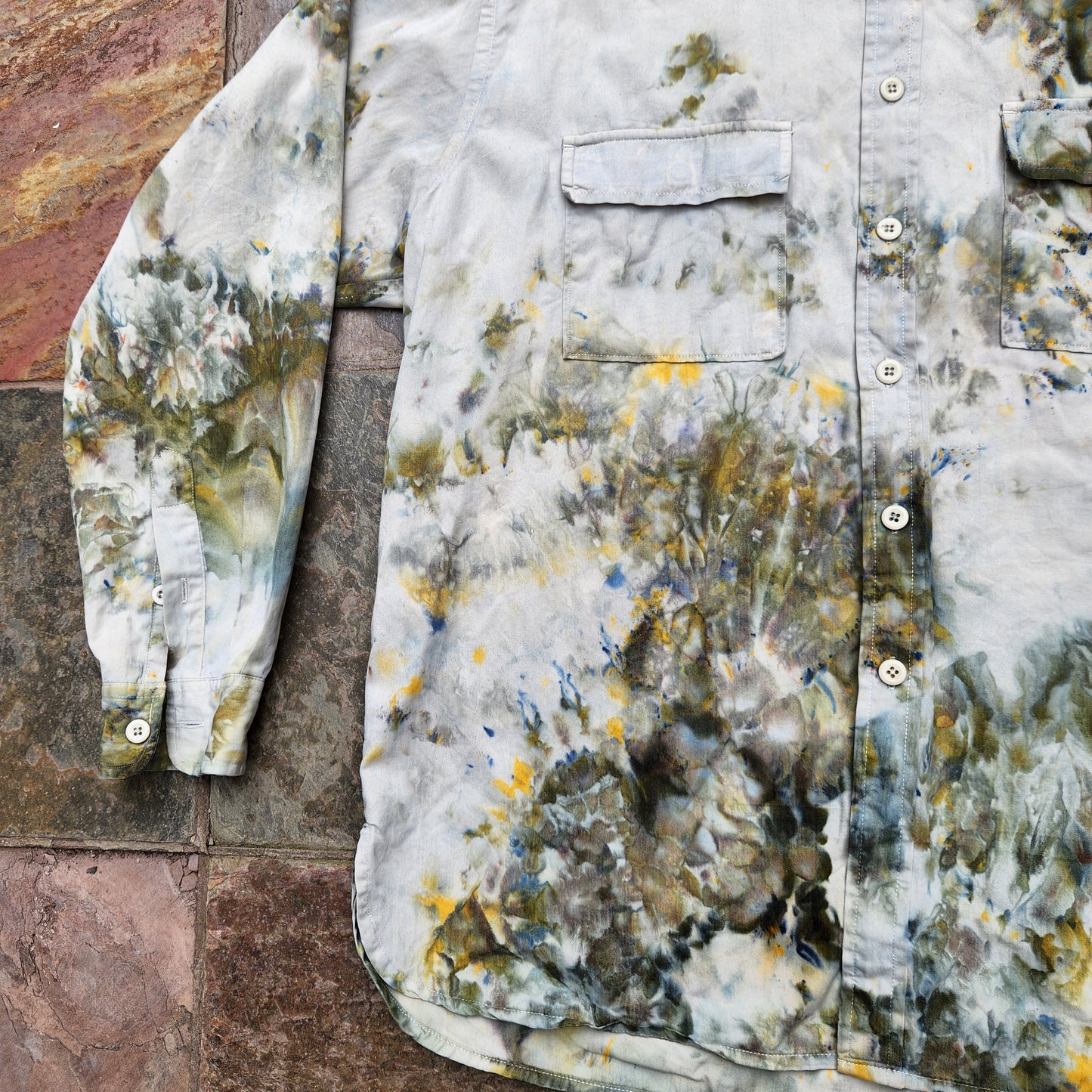 Button Up Shirt Sage Ice Dye Large Upcycle