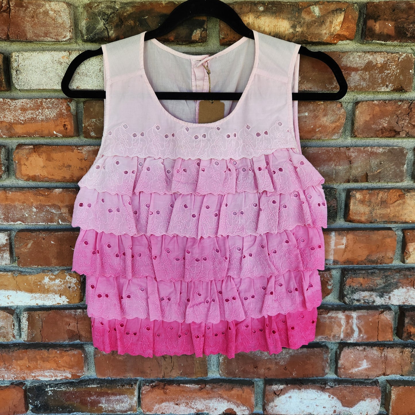 Tank Top Embroidered Ruffle Pink Ombre Small Upcycle