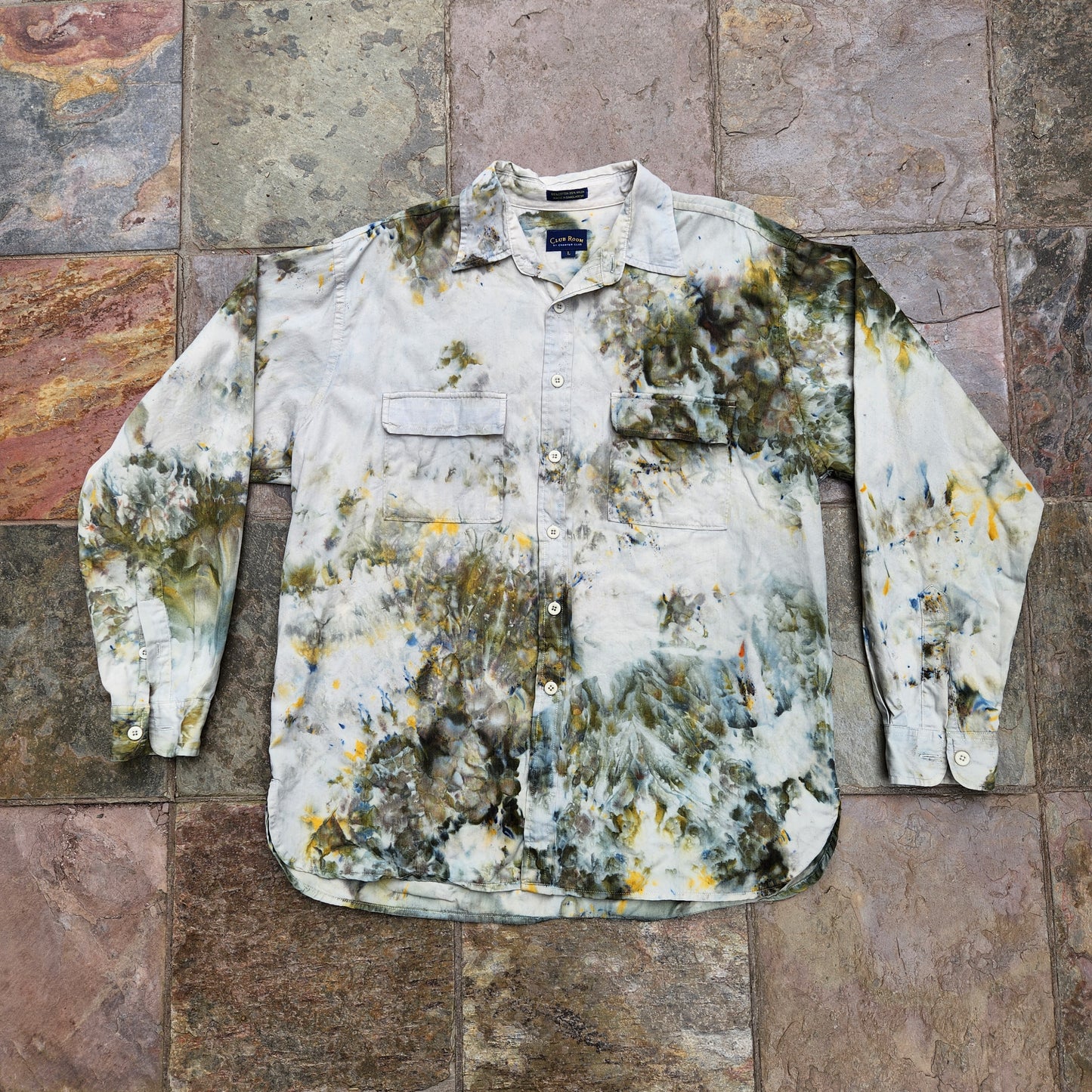 Button Up Shirt Sage Ice Dye Large Upcycle